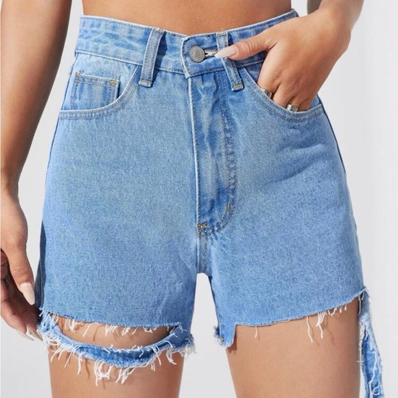 High Waisted Denim shorts with Rips - Picture 1 of 3